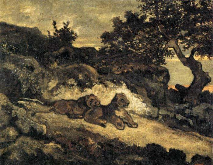 Antoine louis barye Lions near their Den Spain oil painting art